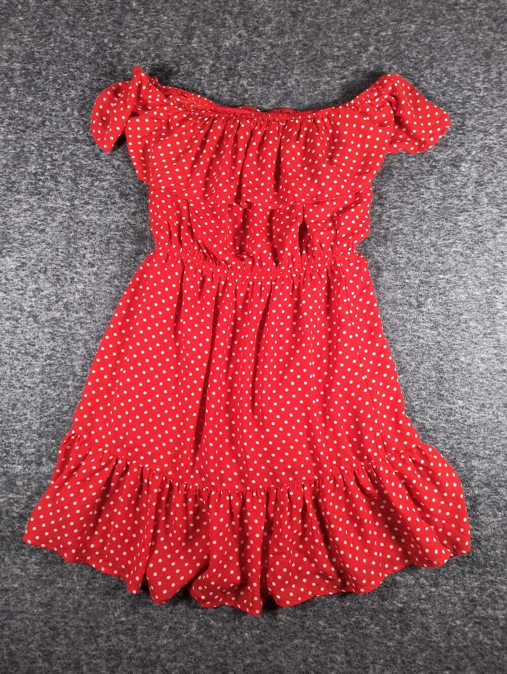 Fantastic Fawn off the shoulder tiered polkadot dress, red,women's medium